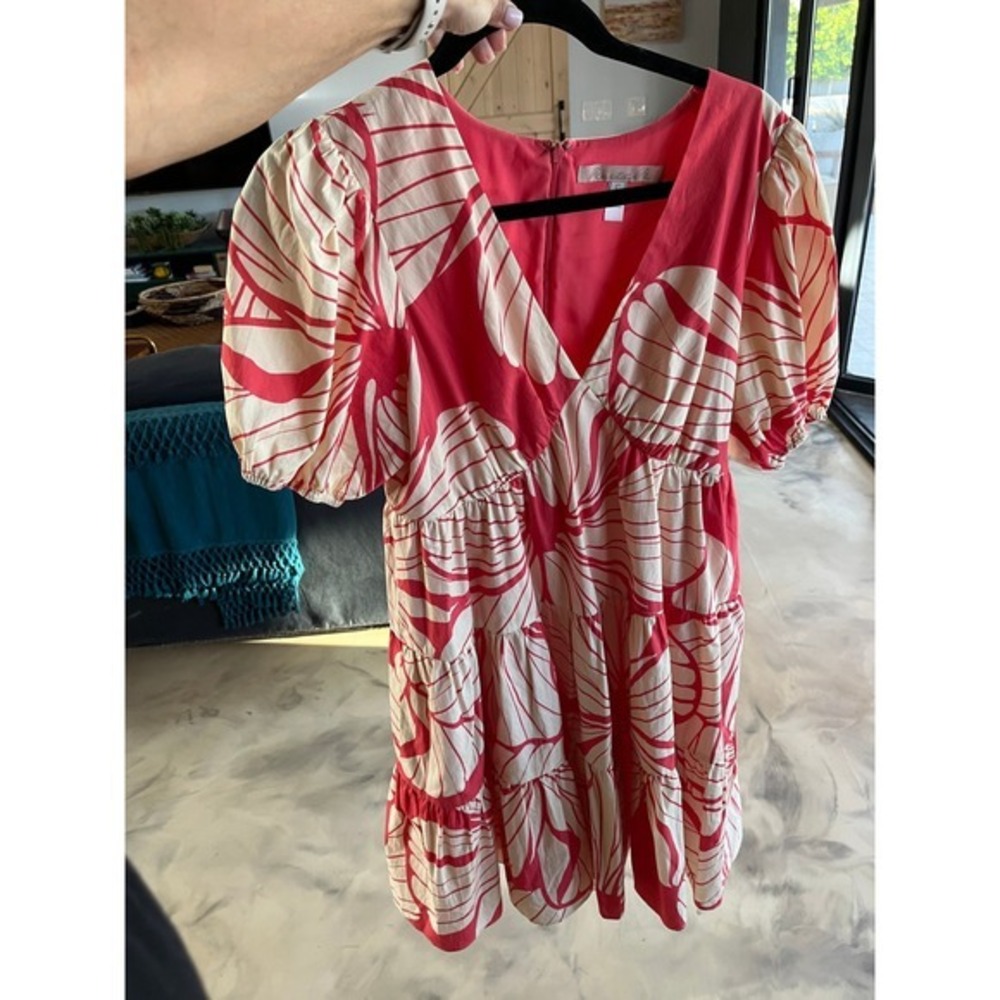 Hutch Pink Cream Tropical Leaf Print Puff Sleeve Tiered Mini Dress V-Neck Small